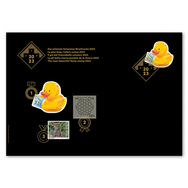 Enveloppe spéciale «Le plus beau timbre suisse 2023» Timbre isolé (1 timbre, valeur d'affranchissement CHF Z.ZZ) sur enveloppe spéciale E6, oblitéré