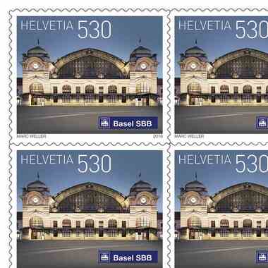 Stamps CHF 5.30 «Basel», Sheet with 10 stamps Sheet Swiss railway stations, self-adhesive, mint