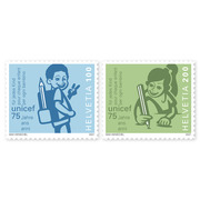 Timbres Série «75 ans UNICEF» Série (2 timbres, valeur d&#039;affranchissement CHF 3.00), autocollant, non oblitéré