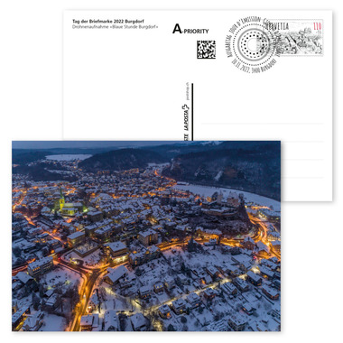 Cartolina postale illustrata affrancata «Giornata del francobollo 2022 Burgdorf» Cartolina illustrata preaffrancata A6, valore facciale CHF 1.10+0.55, con annullo