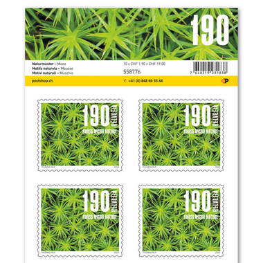 Timbres CHF 1.90 «Mousse», Feuille de 10 timbres Feuille «Motifs naturels», autocollant, non oblitéré