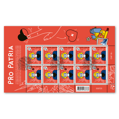 Briefmarken CHF 1.20+0.60 «Heimatgefühle», Kleinbogen mit 10 Marken Bogen «Pro Patria – Die Fünfte Schweiz», gummiert, gestempelt