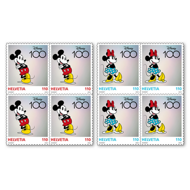 Serie de blocs de quatre «100 ans Disney» Série de blocs de quatre (8 timbres, valeur d'affranchissement CHF 8.80), autocollant, non oblitéré