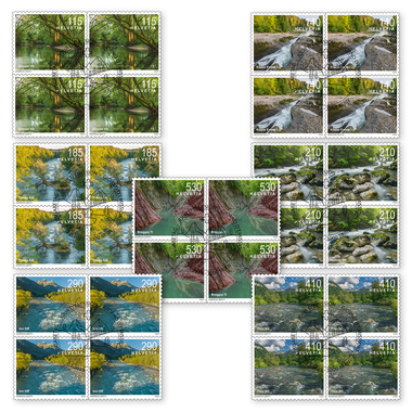 Série de blocs de quatre «Paysages fluviaux suisses» Série de blocs de quatre (28 timbres, valeur d'affranchissement CHF 75.20), autocollant, oblitéré