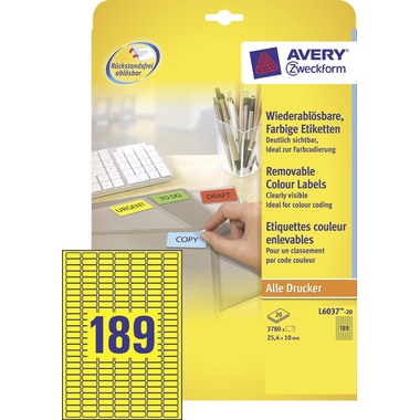 AVERY ZWECKFORM Étiquettes 25,4x10mm L6037-20 jaune 3780pcs./20fl.