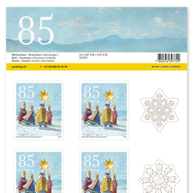 Briefmarken CHF 0.85 «Sternsinger», Bogen mit 10 Marken Bogen Weihnachten, selbstklebend, ungestempelt