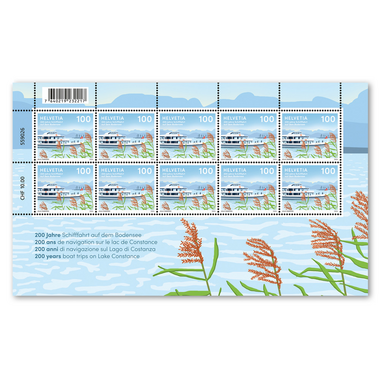 Stamps CHF 1.00 «200 years boat trips on Lake Constance», Sheetlet with 10 stamps Sheet «200 years boat trips on Lake Constance», gummed, mint