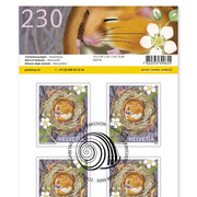 Stamps CHF 2.30 «Hazel dormouse», Sheet with 10 stamps Sheet «Animals in their habitats», self-adhesive, cancelled