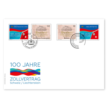 Enveloppe du jour d'émission des deux pays «Émission commune Suisse - Liechtenstein / Contrat douanier» Série (4 timbres, valeur d'affranchissement CHF 4.00) sur enveloppe du jour d'émission (FDC) E6