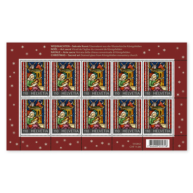 Briefmarken CHF 1.10 «Krippe», Kleinbogen mit 10 Marken Bogen «Weihnachten – Sakrale Kunst», gummiert, ungestempelt