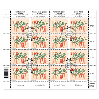 Timbres CHF 1.10 «Rameau d’olivier», Feuille de 16 timbres Feuille «EUROPA – La paix: la valeur humaine la plus importante», gommé, oblitéré