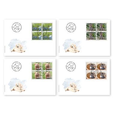 Busta primo giorno «Animali teneri» Serie di quartine (16 francobolli, valore facciale CHF 16.00) su 4 buste primo giorno (FDC) C6