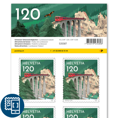 Stamps CHF 1.20 «Landwasser Viaduct», Sheet with 10 stamps Sheet «Swiss attractions», self-adhesive, mint