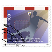 Timbre CHF 1.00 «75 ans de la Fédération internationale de handball IHF» Timbre isolé de CHF 1.00, gommé, oblitéré
