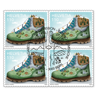 Quartina «Escursionismo – lo sport popolare» Quartina (4 francobolli, valore facciale CHF 4.40), autoadesiva, con annullo