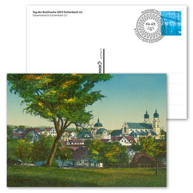 Cartolina postale illustrata affrancata «Giornata del francobollo 2023 Eschenbach LU» Cartolina illustrata preaffrancata A6, valore facciale CHF 1.10+0.55, con annullo