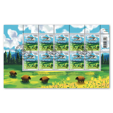 Briefmarken CHF 1.20 «100 Jahre Sonderflug La Caquerelle–Lausanne», Kleinbogen mit 10 Marken Bogen «100 Jahre Sonderflug La Caquerelle–Lausanne», gummiert, gestempelt