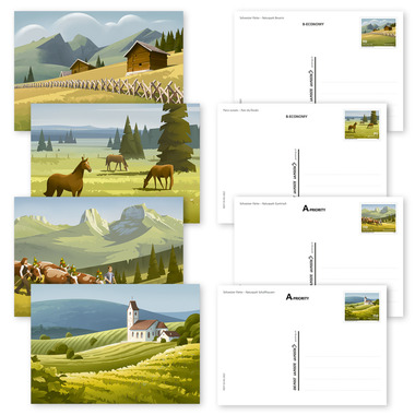 Schweizer Pärke, Bildpostkartenset Set mit 4 vorfrankierten Ansichtskarten A6, Taxwert 2x CHF 0.90 und 2x CHF 1.10 und je CHF 1.00 für die Karten, ungestempelt