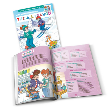 «Phila & Franco» set filatelico per bambini, IT, 3/24 Set da 20 pagine, 6 Francobolli (valore facciale CHF 5.60, 1 con annullo, 5 senza annullo), 3 Cartoline postali