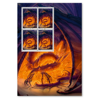 Stamps CHF 1.10 «Smaug», Special sheet with 4 stamps Sheet «J. R. R. Tolkien 1892-1973», self-adhesive, cancelled