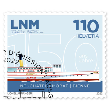 Francobollo «150 anni LNM Navigazione sui Tre Laghi» Francobollo singolo da CHF 1.10, autoadesiva, con annullo