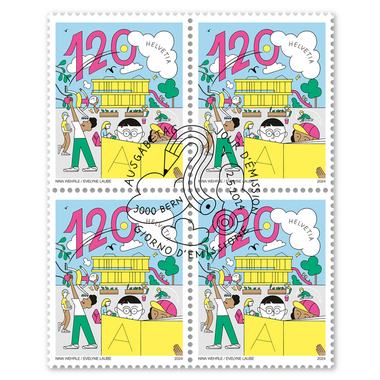 Block of four «150 years compulsory school» Block of four (4 stamps, postage value CHF 4.80), self-adhesive, cancelled