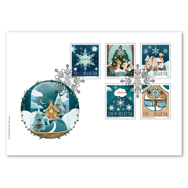 Enveloppe du jour d'émission «Noël – Cristaux de neige» Série (5 timbres, valeur d'affranchissement CHF 8.20) sur enveloppe du jour d'émission (FDC) C6
