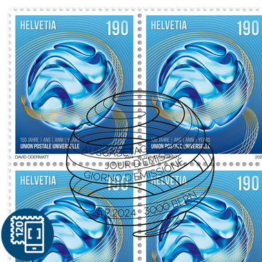 Francobolli CHF 1.90 «150 anni Unione postale universale», Foglio da 20 francobolli Foglio «150 anni Unione postale universale», gommatura, con annullo