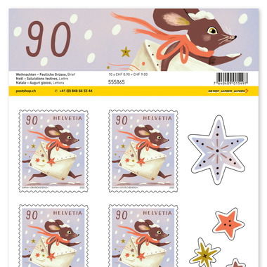 Francobolli CHF 0.90 «Lettera», Foglio da 10 francobolli Foglio «Natale – Auguri gioiosi», autoadesiva, senza annullo