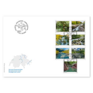 Enveloppe du jour d'émission «Paysages fluviaux suisses» Série (7 timbres, valeur d'affranchissement CHF 18.80) sur enveloppe du jour d'émission (FDC) E6