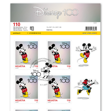Stamps CHF 1.10 «Mickey», Sheet with 10 stamps Sheet «100 years Disney», self-adhesive, cancelled