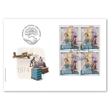 Enveloppe du jour d'émission «Première mission du CSA» Bloc de quatre (4 timbres, valeur d'affranchissement CHF 7.60) sur enveloppe du jour d'émission (FDC) C6