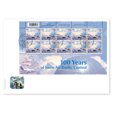 Enveloppe du jour d'émission «100 ans du service de la sécurité aérienne suisse» Feuille miniature (10 timbres, valeur d'affranchissement CHF 21.00) sur enveloppe du jour d'émission (FDC) C5