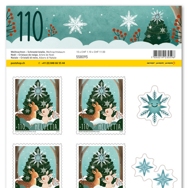 Stamps CHF 1.10 «Christmas tree», Sheet with 10 stamps Sheet «Christmas – Snow crystals», self-adhesive, mint