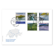 Busta primo giorno «Paesaggi fluviali svizzeri» Serie (5 francobolli, valore facciale CHF 10.10) su busta primo giorno (FDC) C6