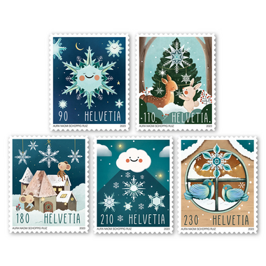 Timbres Série «Noël – Cristaux de neige» Série (5 timbres, valeur d'affranchissement CHF 8.20), autocollant, non oblitéré