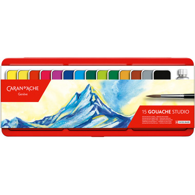 CARAN D'ACHE Gouache Studio Wasserfarben 1000.315 14 Farben, 1 x weiß + Pinsel