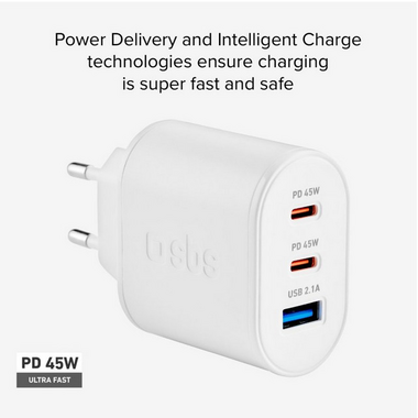 Travel fast charger, 2 type C PD 45W + USB A