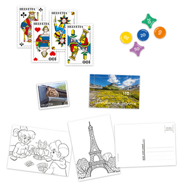 «Phila & Franco» Briefmarkenset für Kinder, IT, 4/23 20-seitiges Set, 7 Briefmarken (Taxwert CHF 8.50, 1 gestempelt, 6 ungestempelt), 3 Postkarten