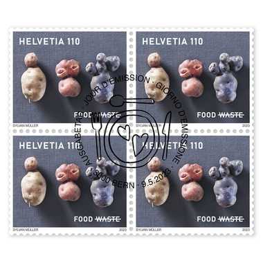 Quartina «Sostenibilità – Generi alimentari» Quartina (4 francobolli, valore facciale CHF 4.40), gommatura, con annullo