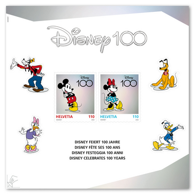 Timbres CHF 1.10 «100 ans Disney», Feuille spéciale de 2 timbres Feuille «100 ans Disney», autocollant, non oblitéré