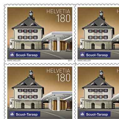 Stamps CHF 1.80 «Scuol», Sheet with 10 stamps Sheet Swiss railway stations, self-adhesive, mint