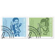 Timbres Série «75 ans UNICEF» Série (2 timbres, valeur d&#039;affranchissement CHF 3.00), autocollant, oblitéré