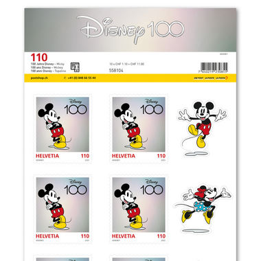 Timbres CHF 1.10 «Mickey», Feuille de 10 timbres Feuille «100 ans Disney», autocollant, non oblitéré