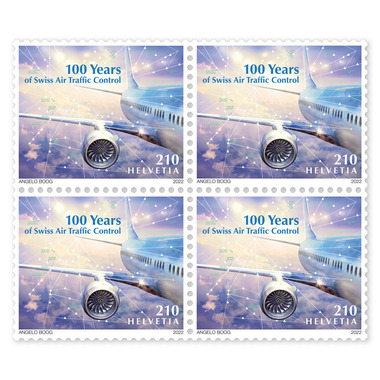 Bloc de quatre «100 ans du service de la sécurité aérienne suisse» Bloc de quatre (4 timbres, valeur d'affranchissement CHF 8.40), autocollant, non oblitéré