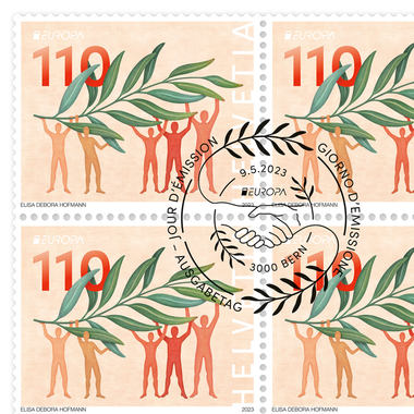 Briefmarken CHF 1.10 «Olivenzweig», Bogen mit 16 Marken Bogen «EUROPA – Frieden: der höchste Wert der Menschheit», gummiert, gestempelt