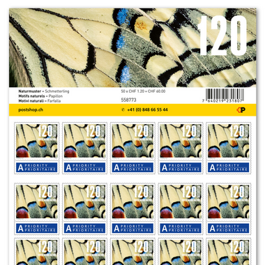 Stamps CHF 1.20 «Butterfly», Sheet with 50 stamps Sheet «Natural patterns», self-adhesive, mint