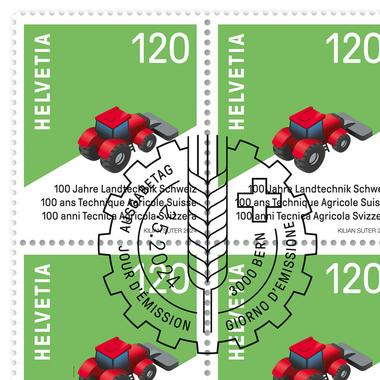 Timbres CHF 1.20 «100 ans Technique Agricole Suisse», Feuille de 20 timbres Feuille «100 ans Technique Agricole Suisse», gommé, oblitéré