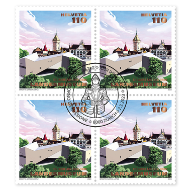 Block of four «125 years Landesmuseum» Block of four (4 stamps, postage value CHF 4.40), gummed, cancelled
