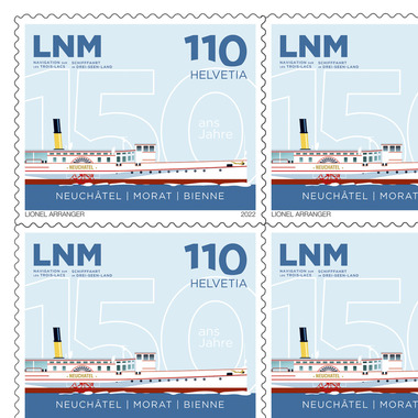 Briefmarken CHF 1.10 «150 Jahre LNM Schifffahrt im Drei-Seen-Land», Bogen mit 10 Marken Bogen «150 Jahre LNM Schifffahrt im Drei-Seen-Land», selbstklebend, ungestempelt